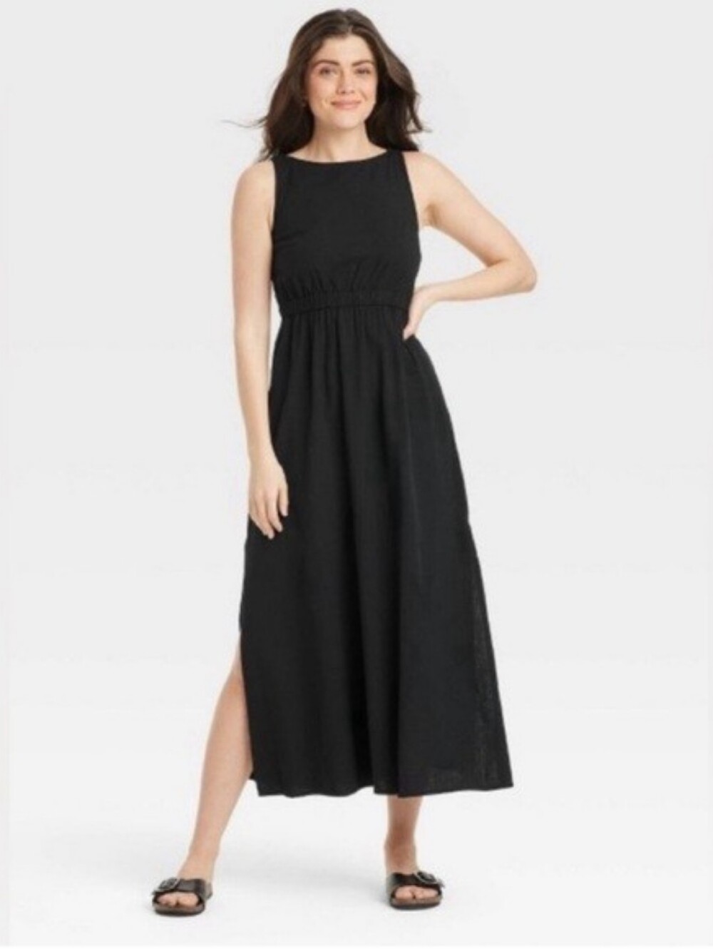 Universal Thread A-Line Maxi Black Smocked-Back Dress w/ Side Slits & Pocket NWT